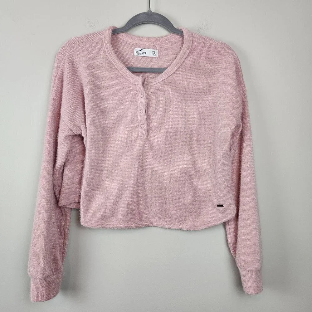 Hollister sz XS women cropped top sweater pink soft long sleeve teens